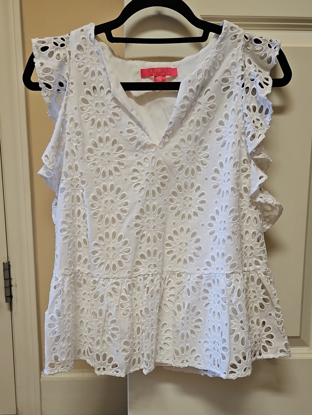 Lilly Pulitzer White Eyelet V-Neck Ruffle Sleeve Top